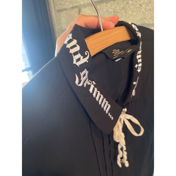 Goth-Inspired Black Button-Up Blouse W/ Embroidered Collar Plague Doctor Buttons - Picture 9 of 9